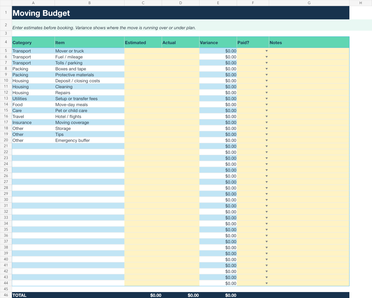 MoveMint moving budget spreadsheet