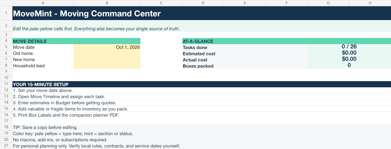 MoveMint Excel command center Start Here dashboard